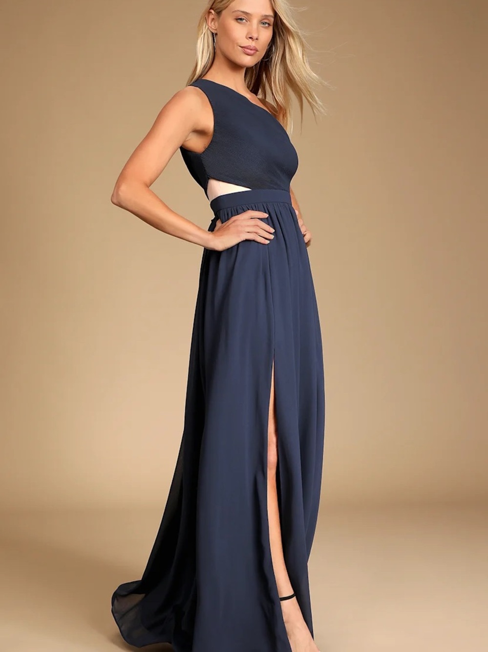 Lulu's Lovely Endings Navy Blue One-Shoulder Pleated Maxi Dress - Picture 3 of 5